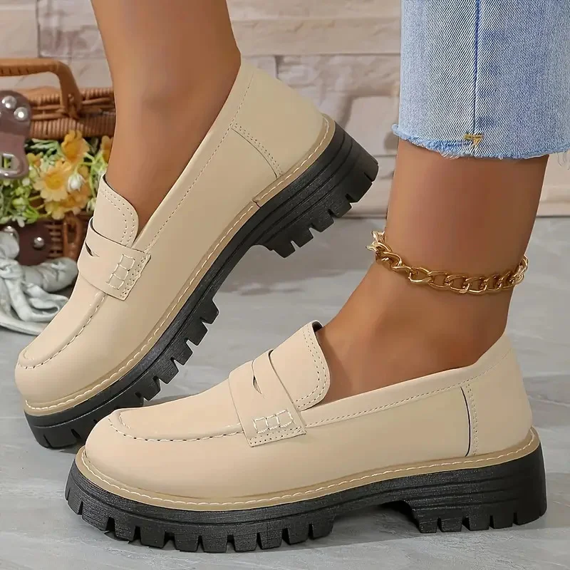 Yyvonne New Spring And Autumn Lefu Shoes Large-Size Leisure Grinding Sand Yingfeng Women's Shoes Thick Heel Thick Back Retro