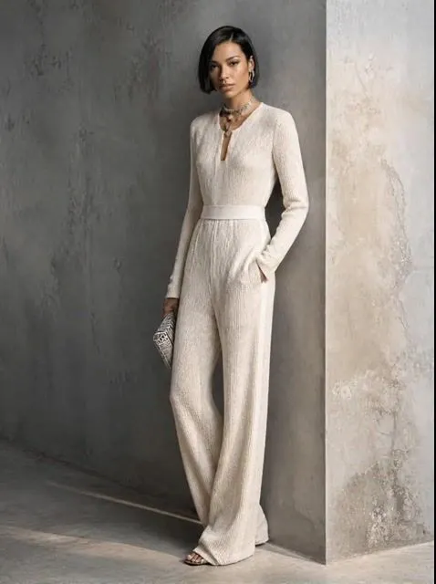 Women's Textured Minimalist Knit V-Neck Long Sleeve Wide Leg Jumpsuit MD