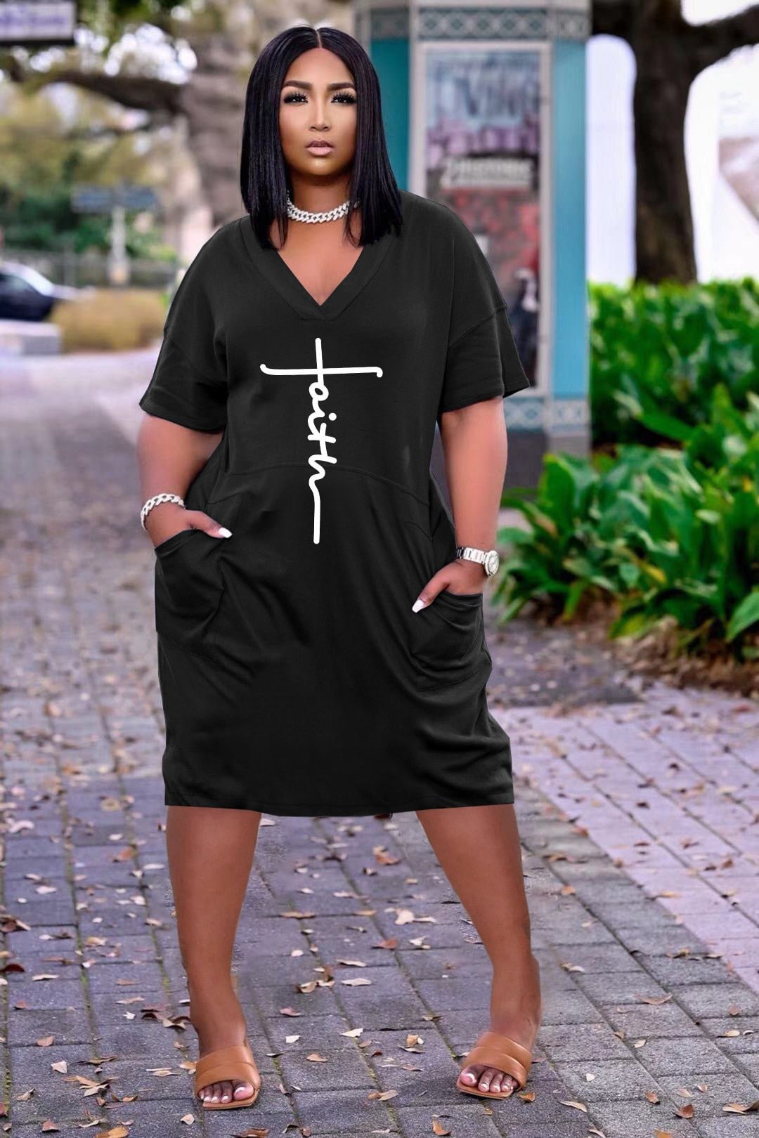 CM.YAYA Women Faith Letter Print V-neck Pocket Side Short Sleeve Slim Knee Length Dress Active Streetwear Basic Dresses