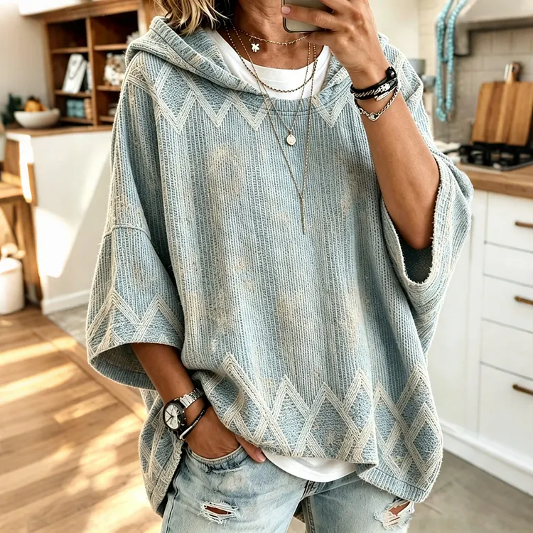 Women's Boho Western Diamond Geometric Print Hooded Sweatshirt