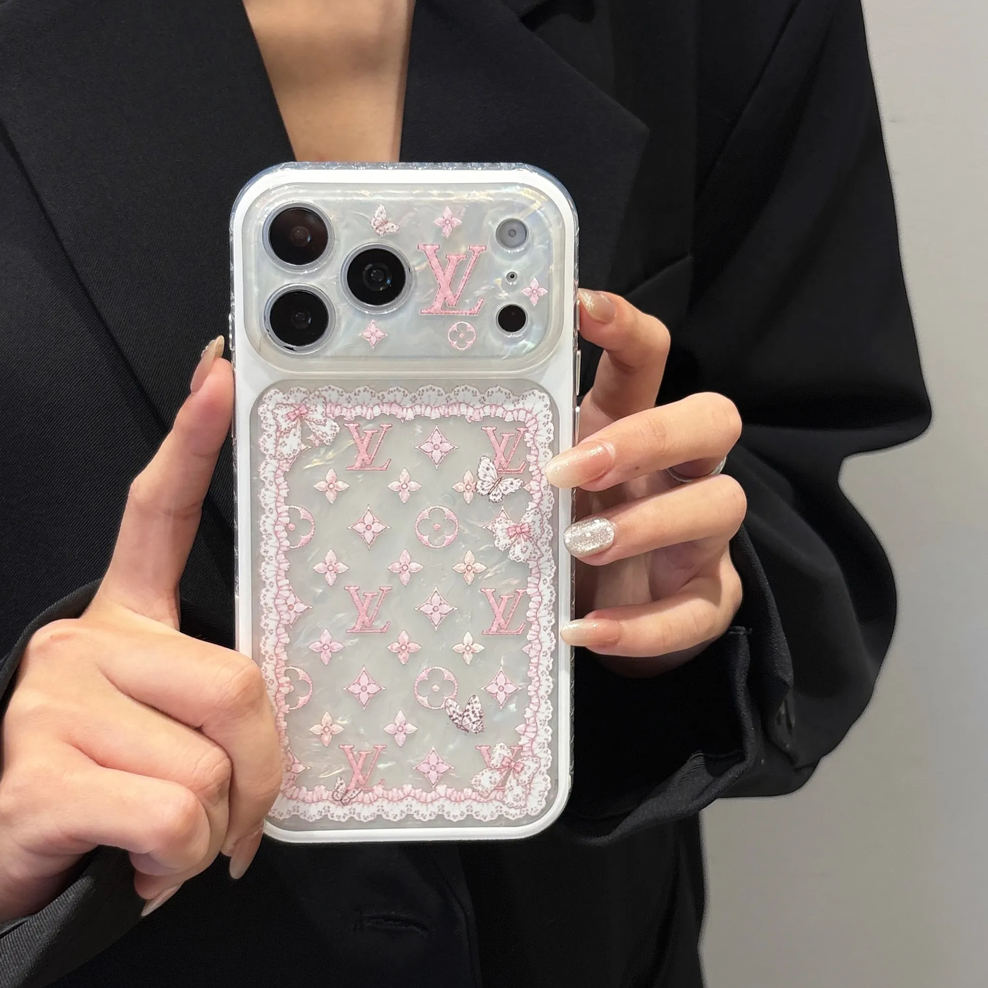 LV Pink Lace & Iridescent Monogram Clear Case for iPhone 17/16/15 Series