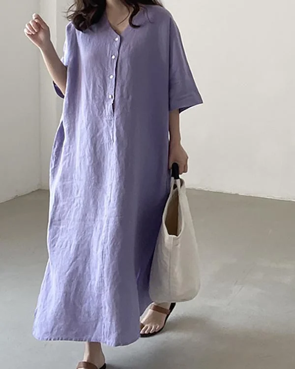 Casual Loose Short-sleeved Long Cotton Linen Shirt Dress-