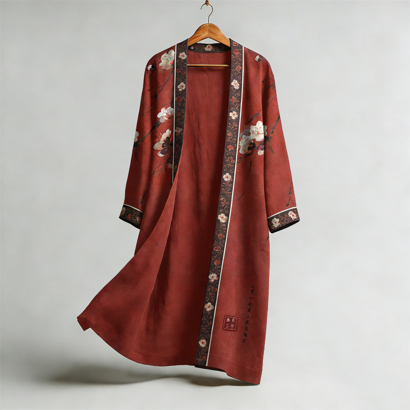 Men's Retro Sakura Art Print Linen Long Kimono  artssus