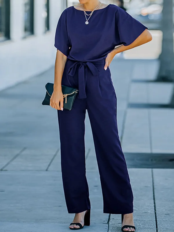 Solid Color Ribbed Wide Leg Short Sleeves Round-neck Jumpsuits