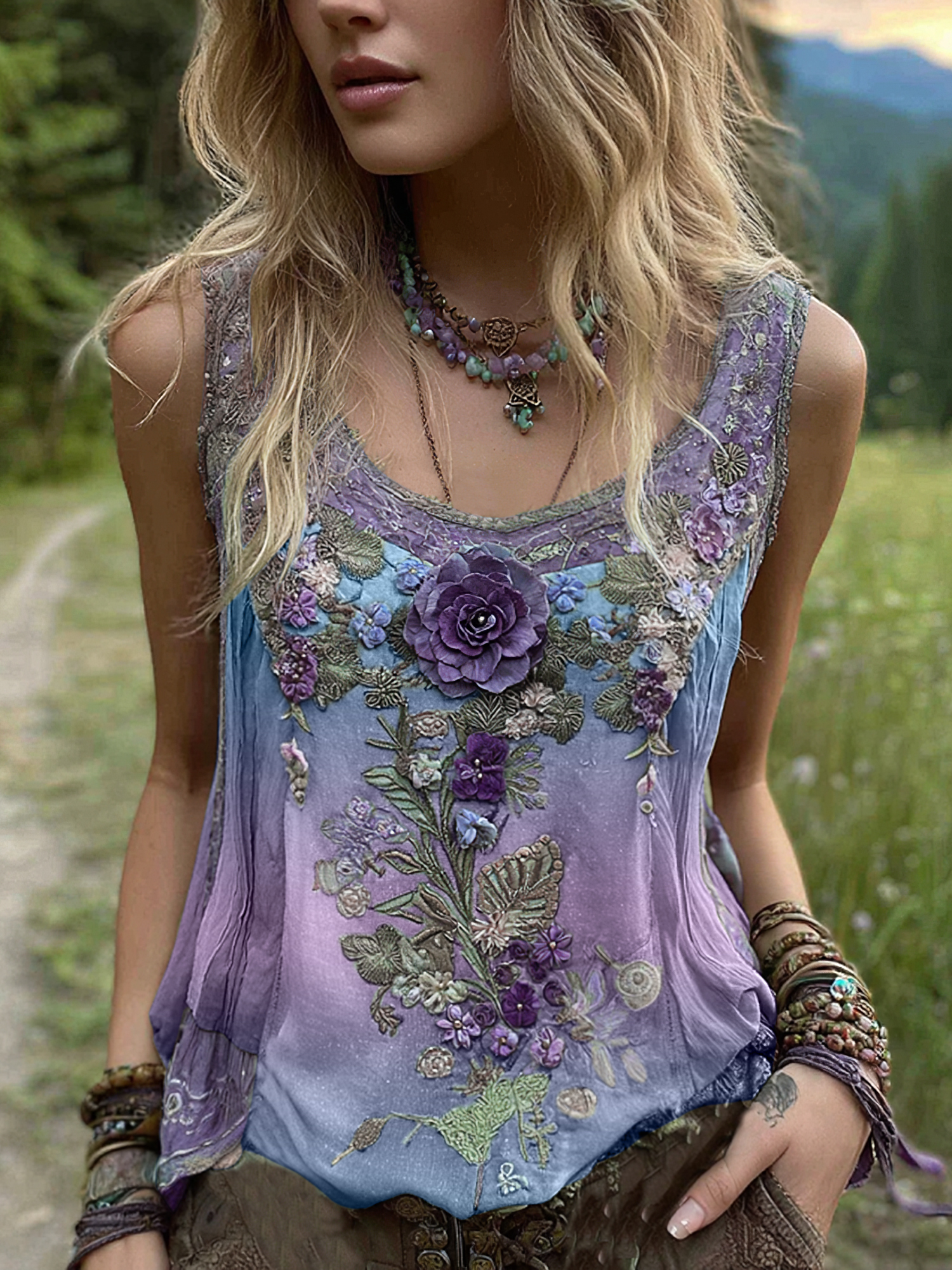 Vintage Classy Gradient Purple Lavender And Floral Embroidered Pattern Linen Tank Top