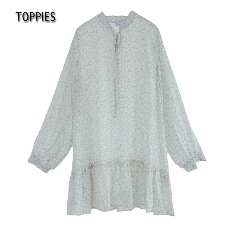 Toppies 2021 New Women Mini Dress Chiffon Long Sleeve A Line Floral Print Femme Loose Elegant Dress