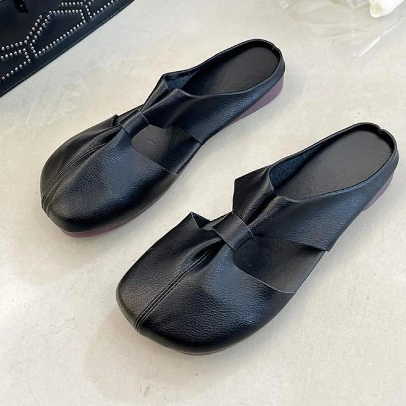 Women's Genuine Leather Pleated Flats Slides Round Toe Leisure Female Summer Mules Casual Ytmtloy House Slippers Zapato Mujer