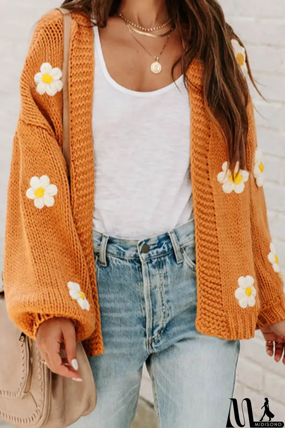 MidiSono - Light French Beige Flower Applique Bubble Sleeve Cardigan
