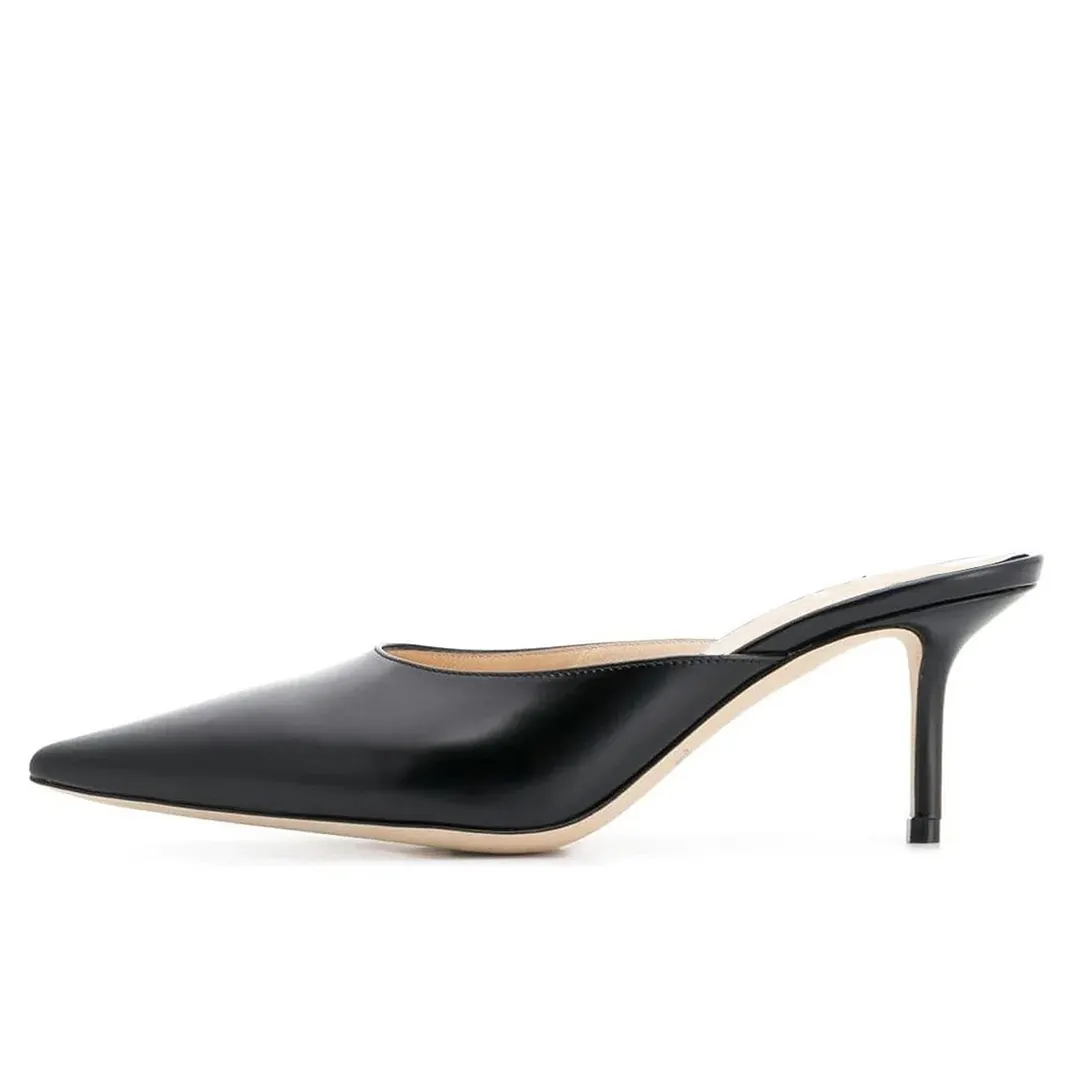 Black Vegan Leather Pointed Toe Mules Shoes with Stiletto Heels