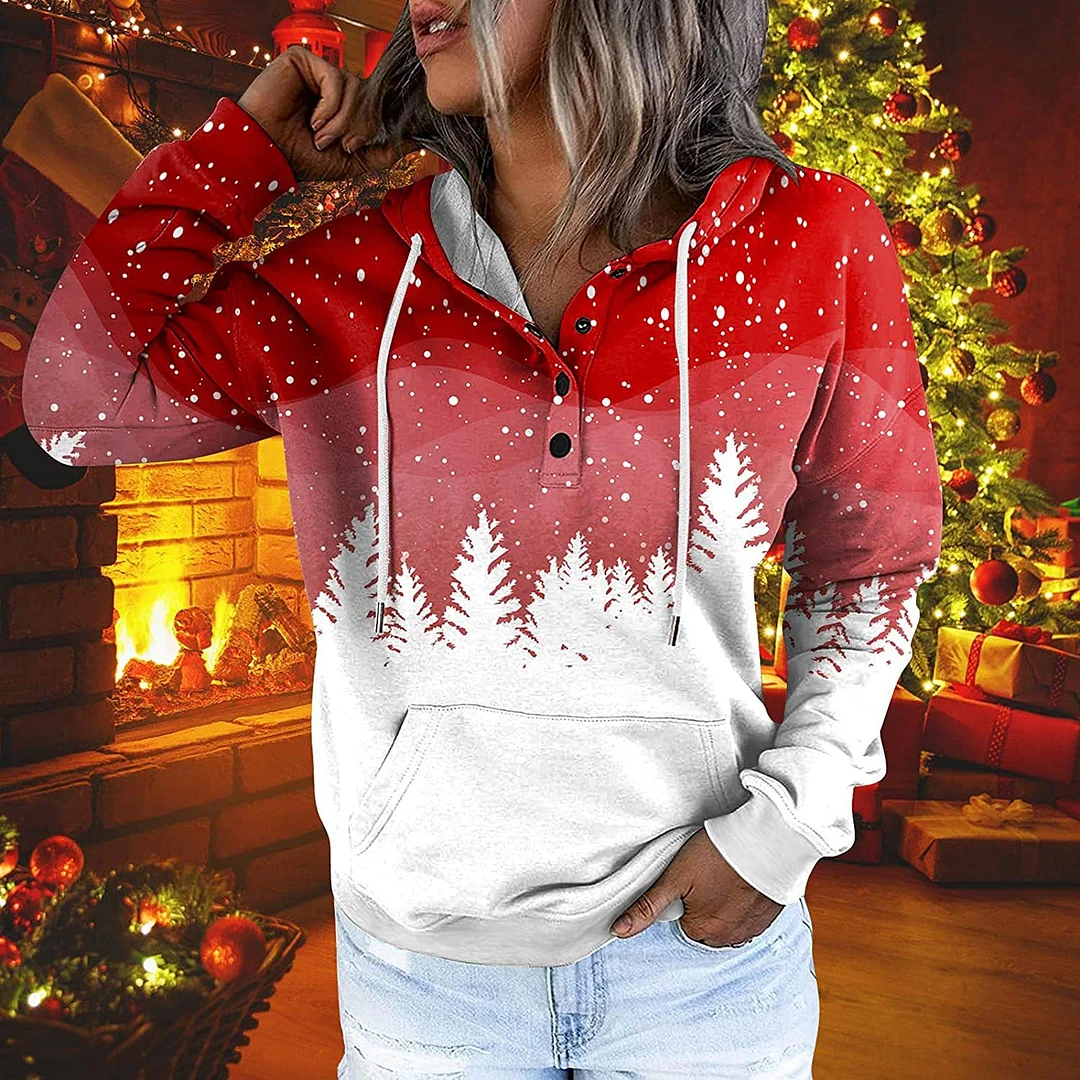 Merry Christmas Half Button Snow-covered Landscape Hoodie