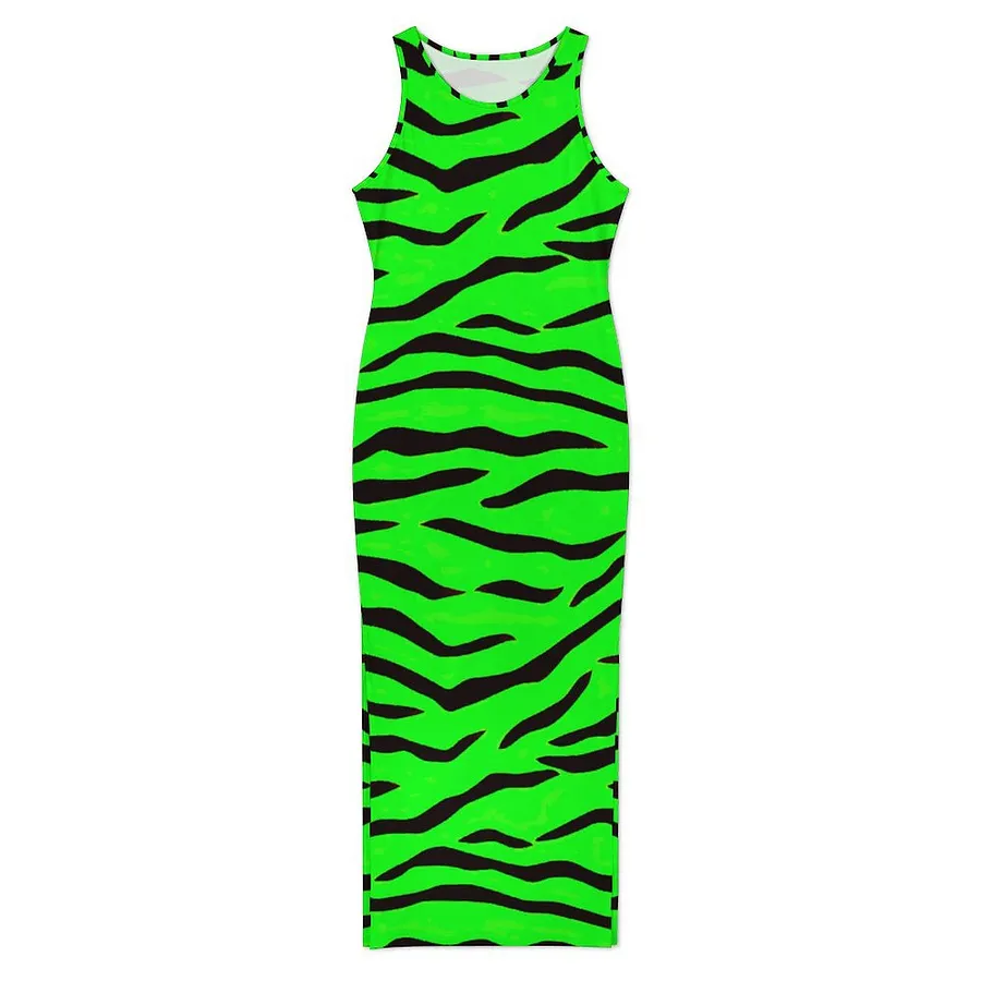 Women Bright Neon Green And Black Tiger Stripes Summer Sleeveless Dress Party A Line T-shirt Dresses Black-2XL Women Bright Neon Green And Black Tiger Stripes Summer Sleeveless Dress Party A Line T-shirt Dresses Black-2XL
