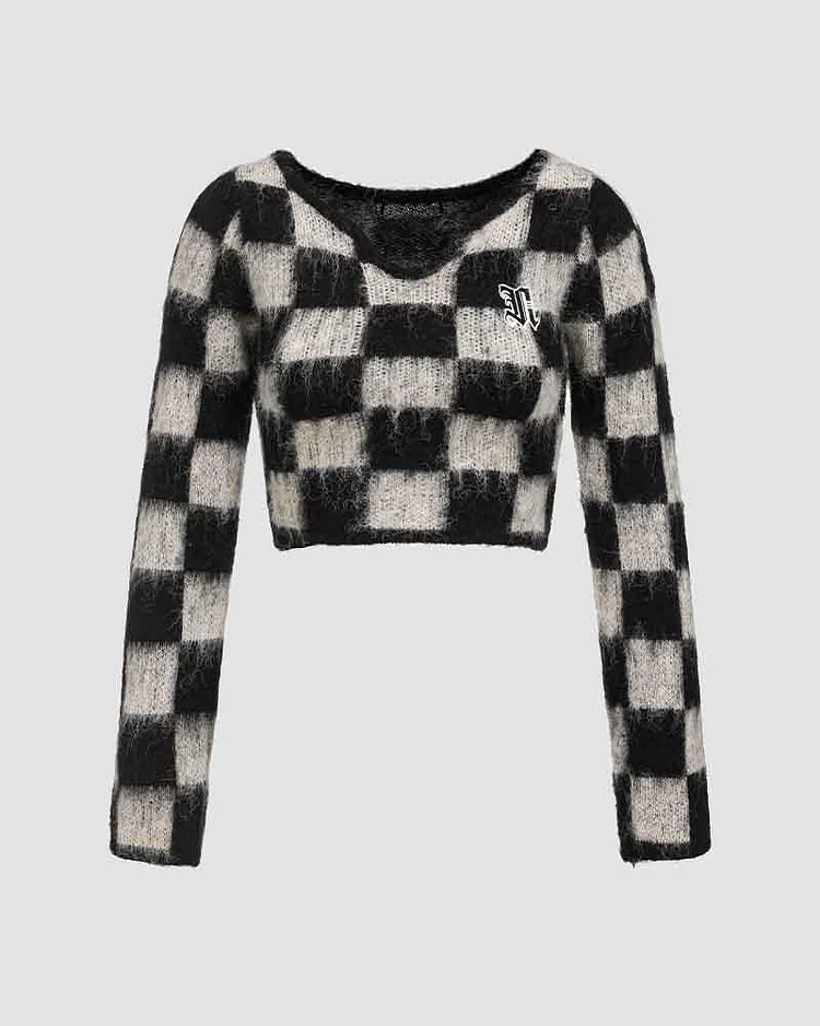 Moonmoor Fuzzy Checkered Crop Sweater