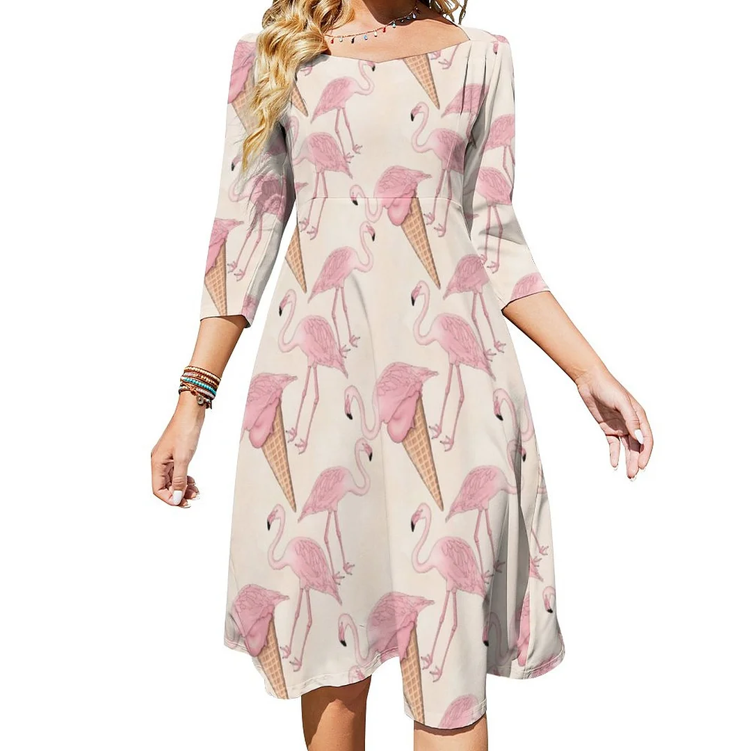 Flamingo And Flamingo Ice Cream Pattern Dress Sweetheart Tie Back Flared 3/4 Sleeve Midi Dresses