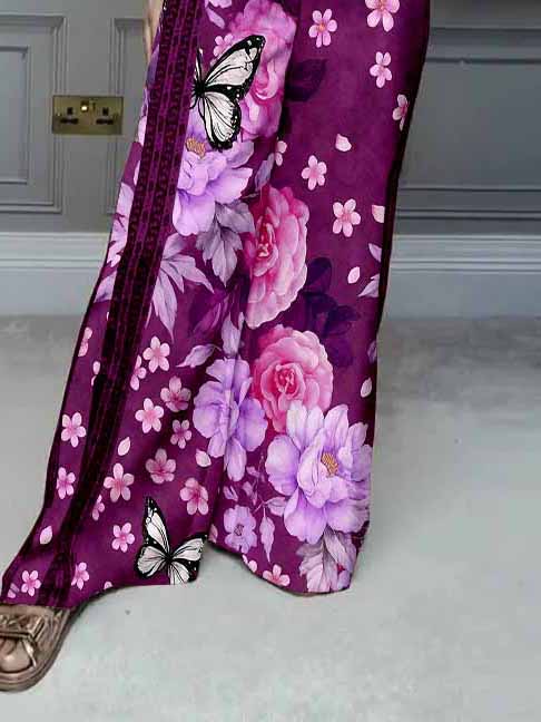 Women Floral, Butterfly, Red DZDL1174 V-neck Short Sleeve Blouse and Pants Set