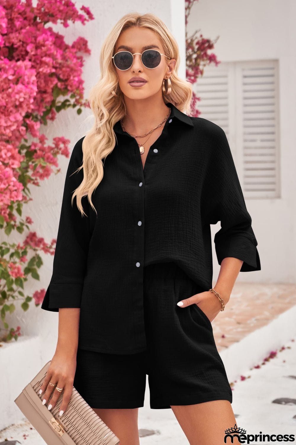 Textured Shirt and Elastic Waist Short with Pockets