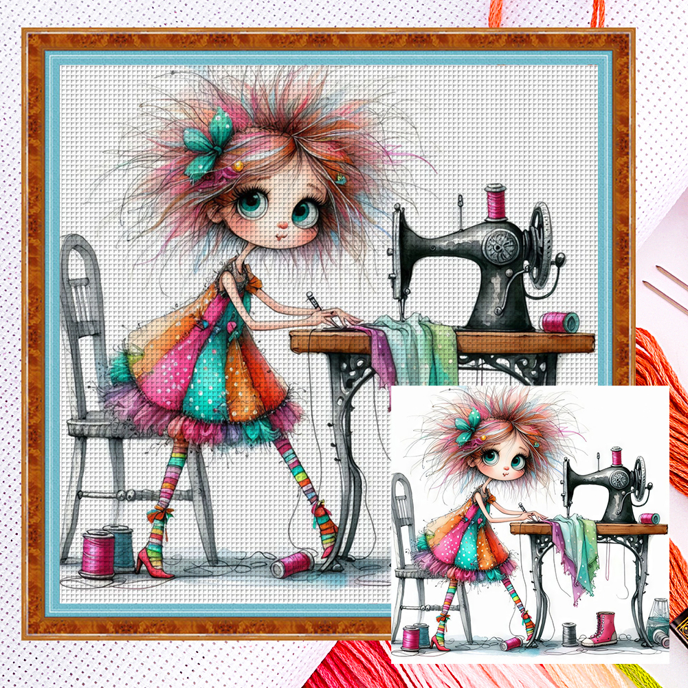 Sewing Girl Full 11CT Counted Canvas(40*40cm) Cross Stitch