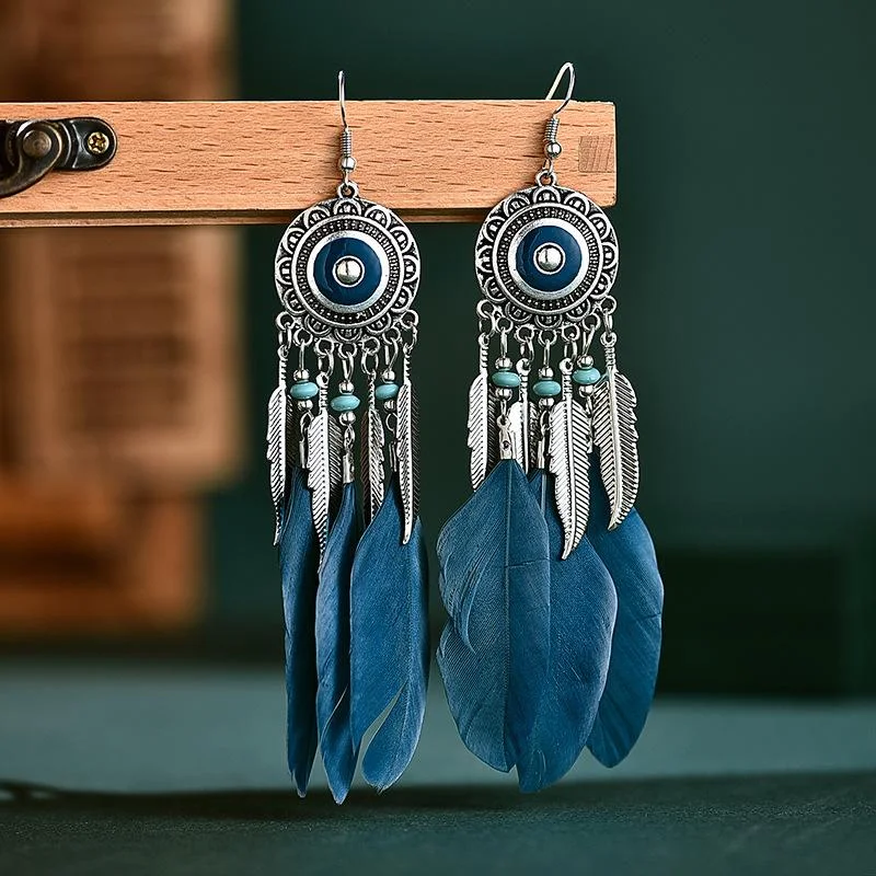 Bohemian retro round-shape pendant feather earrings
