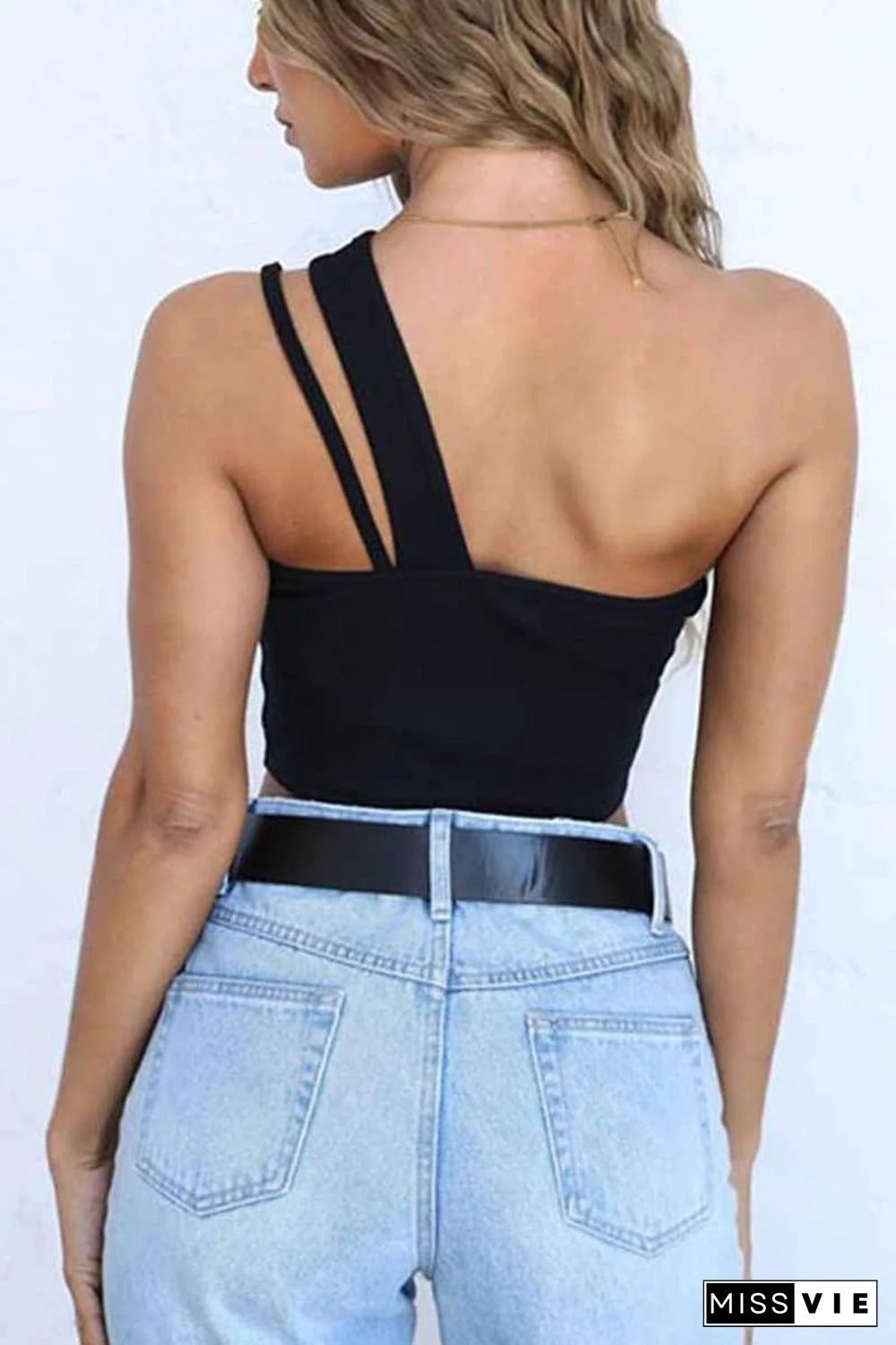 Pure Color Sexy Single Shoulder Strap Hollow Tops