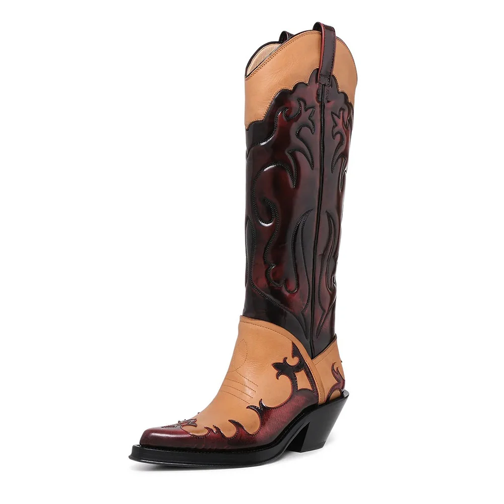 Light Brown & Maroon Chunky Low Stitching Tall Cowboy Boots for Women