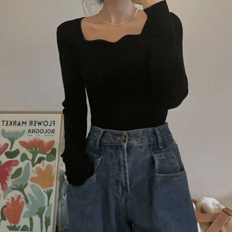 Women's Retro Wave Square Neck Long Sleeve Top Solid Color Slim Knit Bottom Top
