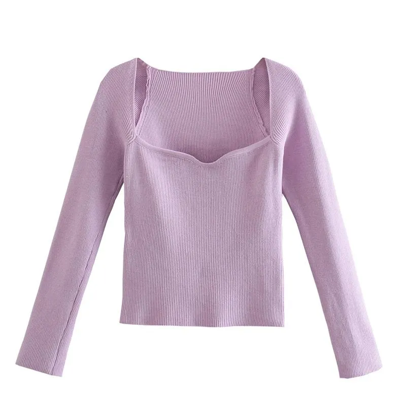 TRAF Women 2021 Fashion Stretch Slim Cropped Knitted Sweater Vintage Heart-shaped Collar Long Sleeve Female Pullovers Streetwear