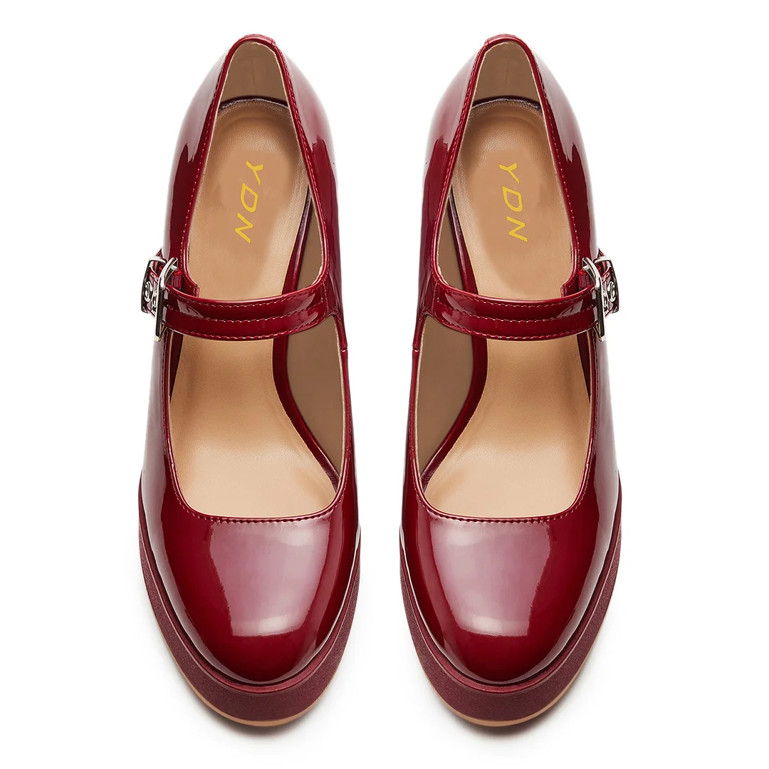 Red Patent Leather Buckle Fastening Strap Platform Mary Janes