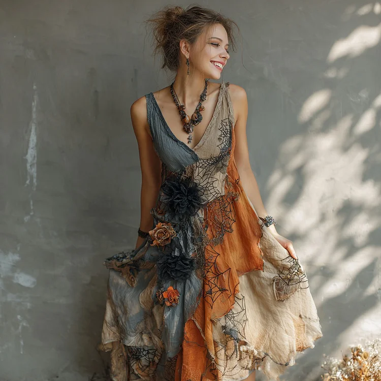 Women's Halloween Floral And Spider Web Sleeveless Dress