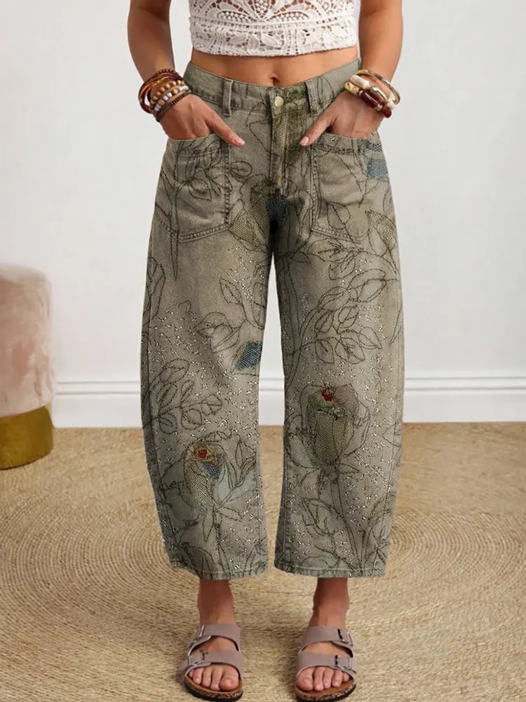 Women's Retro Floral Art Print Jeans