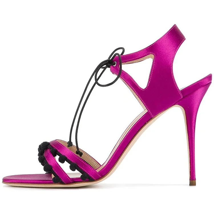 Fuchsia Lace-Up Stiletto Sandals in Satin Fabric Vdcoo