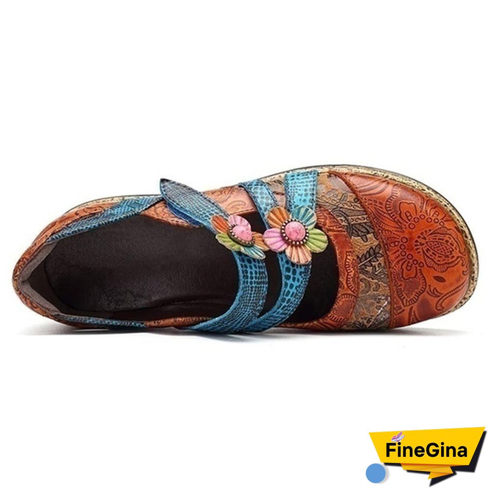 Vintage Floral Genuine Leather Splicing Colored Stitching Hook Loop Flat Shoes Spring Summer Casual Women Flat Shoes（2styles）