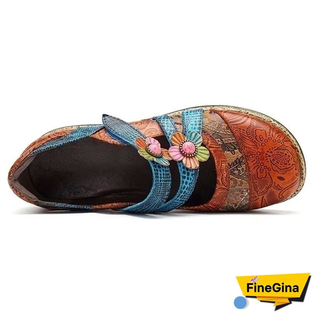 Vintage Floral Genuine Leather Splicing Colored Stitching Hook Loop Flat Shoes Spring Summer Casual Women Flat Shoes（2styles）