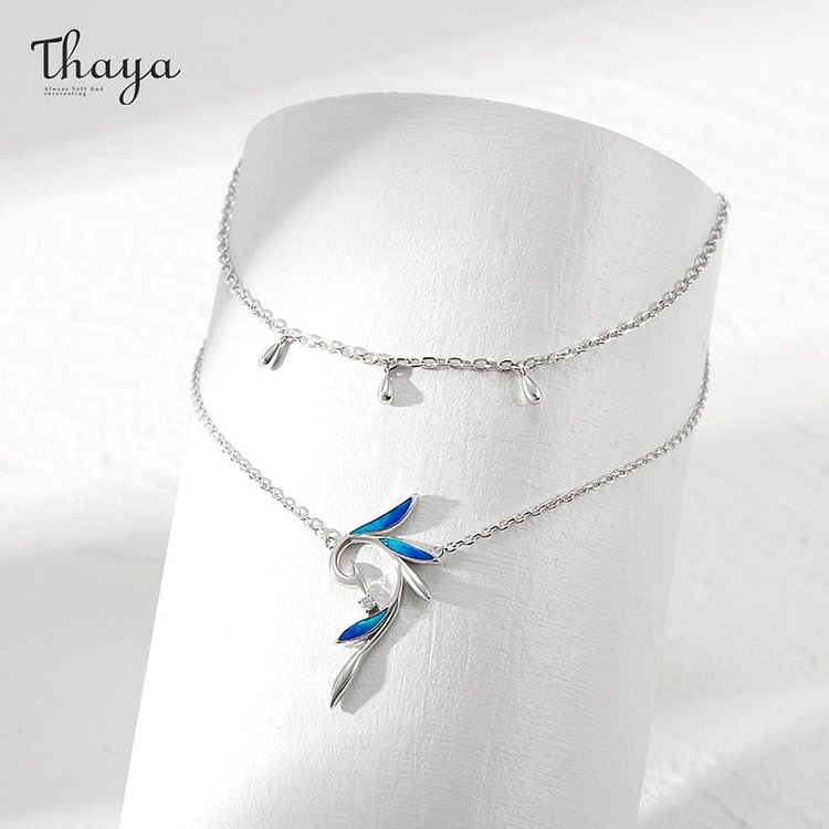 Thaya  Blue Feather Double Chain Necklace