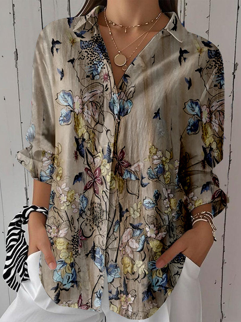 Women Long Sleeve V-neck Graphic Floral Printed Top