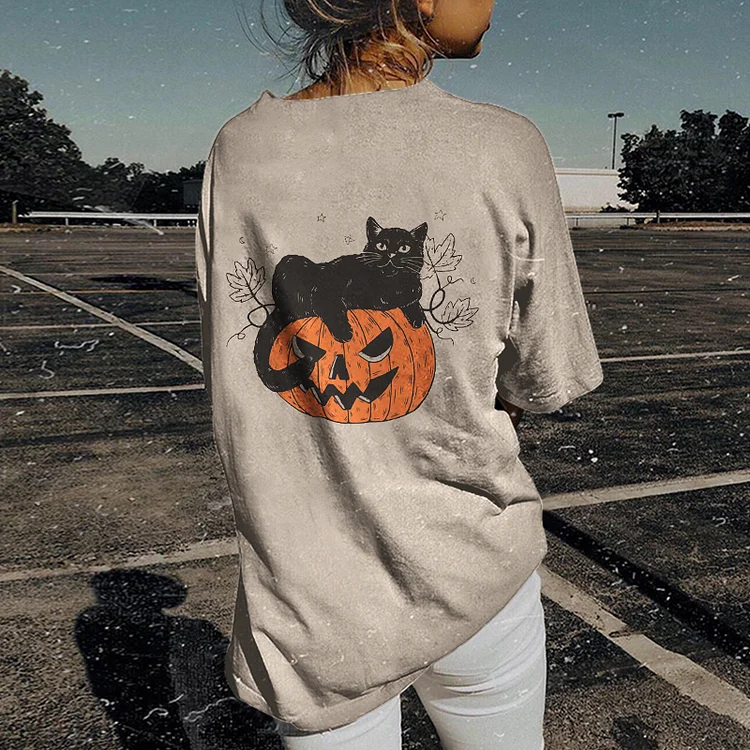 Vefave Halloween Pumpkin Cat Print T-Shirt
