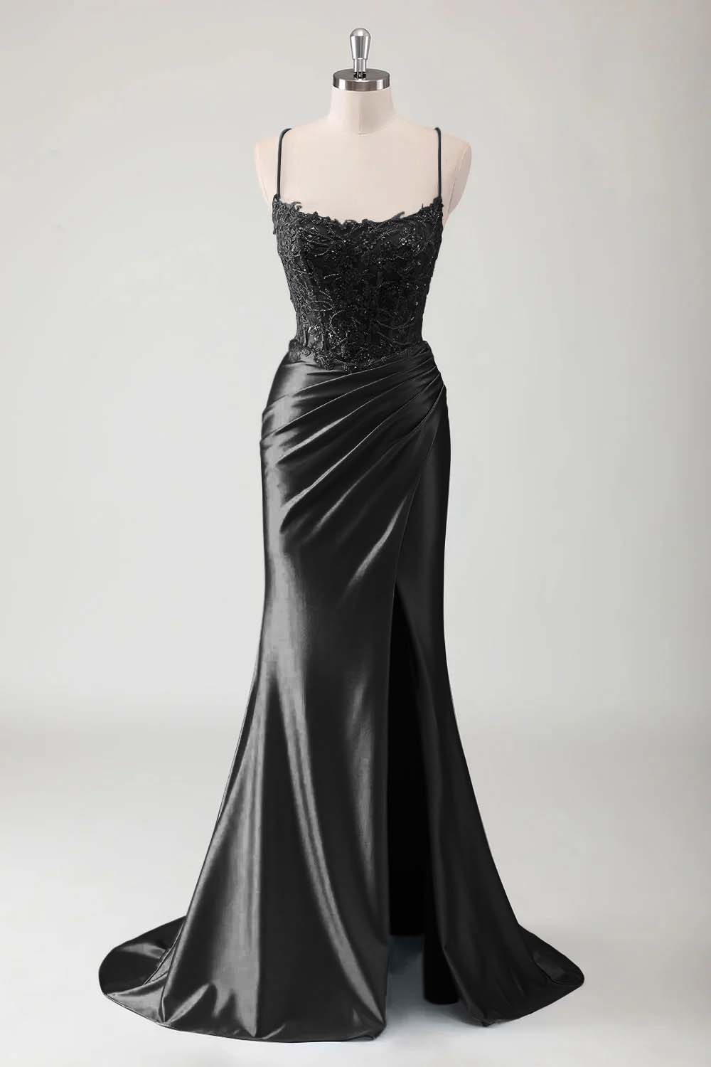 Hidais Spaghetti Strap Sleeveless Long High Split Prom Dress With Appliques