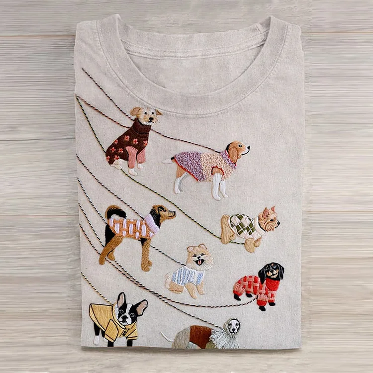 Women'S Cute Puppy Dog Animal Print Crew Neck Short Sleeve T-Shirt