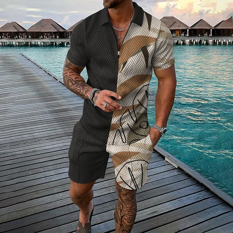 BrosWear Patchwork Print Short Sleeve Polo Shirt And Shorts Co-Ord