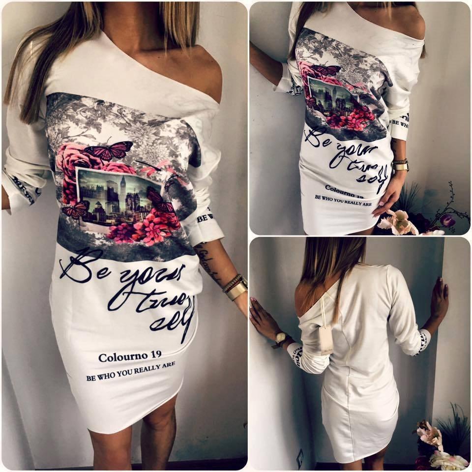 One Shoulder Letters Printed Long Sleeve Bodycon Dresses