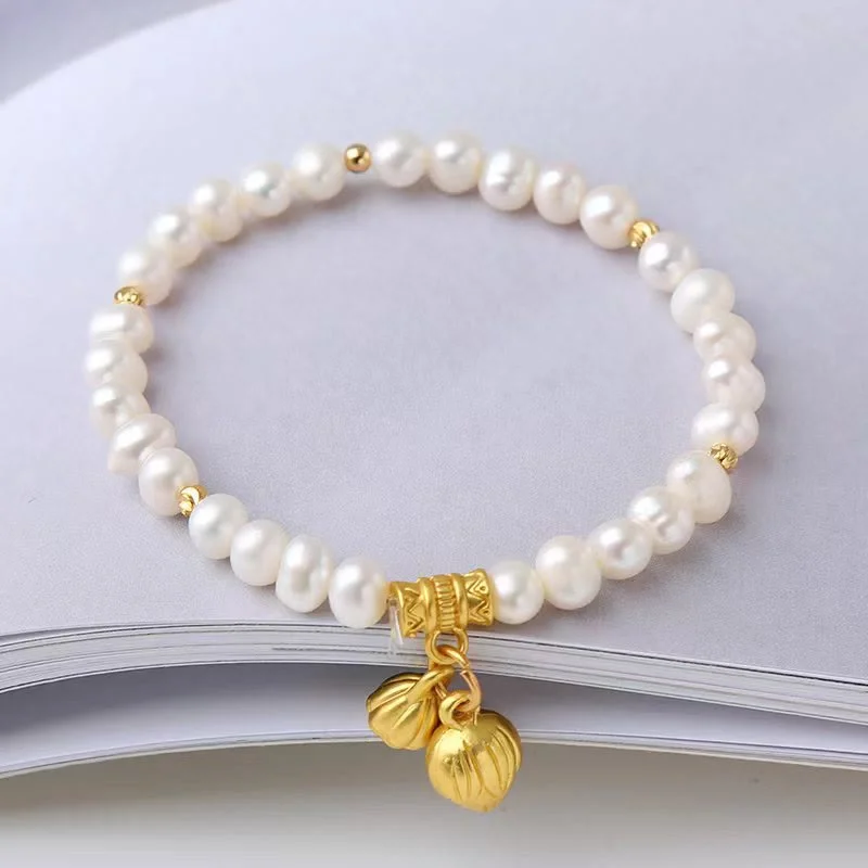 18K Gold Natural Pearl Lotus Flower Pod Wisdom Charm Bracelet