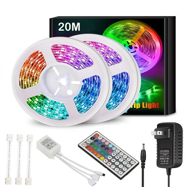 65FT LED Light Strips Waterproof Flexible with IR 44 Key Double Outlet Controller Extended Flexible Strip Lights for Bedroom Party Home Decration 360LEDs 5050SMD 10mm RGB 2x32.8FT