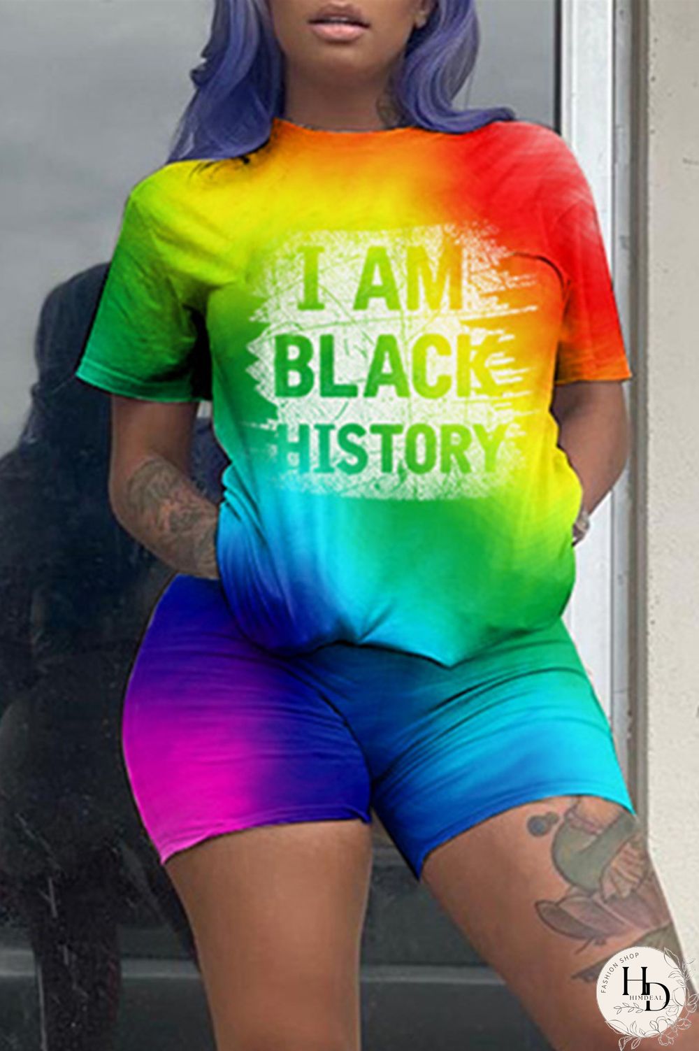 Multicolor Fashion Casual Gradual Change Letter Print Basic O Neck Short Sleeve Two Pieces