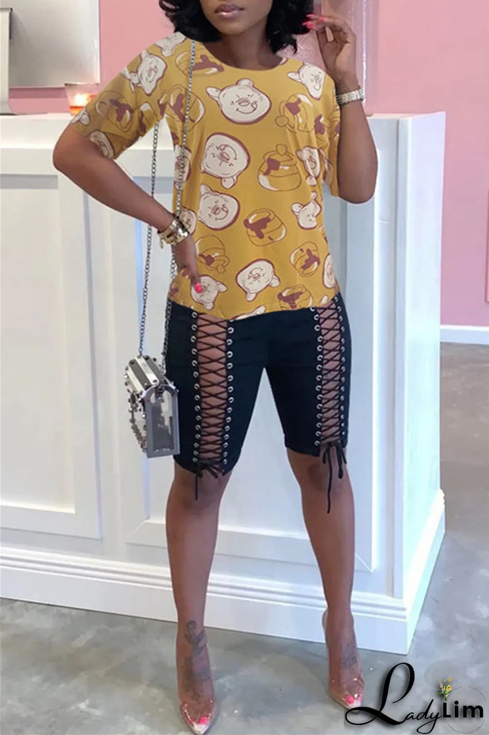 Yellow Fashion Casual Print Basic O Neck T-Shirts