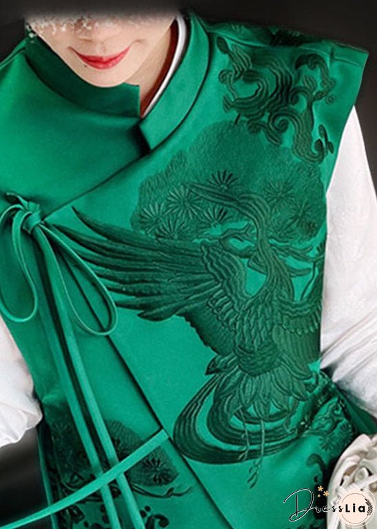 Plus size Green Stand Collar Embroideried Lacing Silk Vest Spring