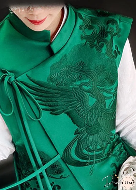 Plus size Green Stand Collar Embroideried Lacing Silk Vest Spring
