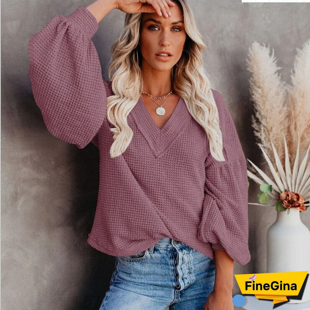 Ladies Sweater V Neck Knitted Pullovers Autumn Winter Lantern Sleeve Solid Warm Halloween Sweaters Loose Women's Jumper