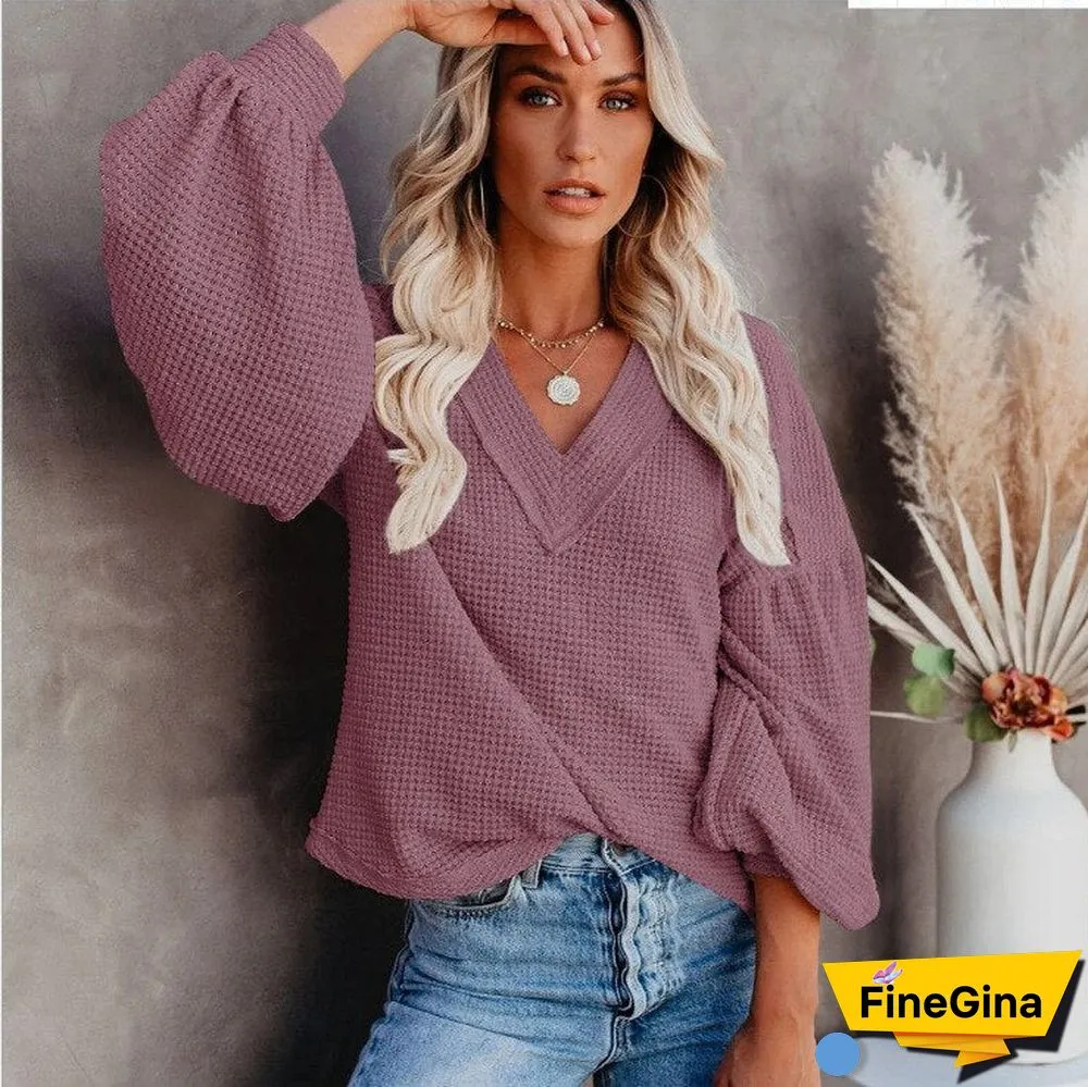 Ladies Sweater V Neck Knitted Pullovers Autumn Winter Lantern Sleeve Solid Warm Halloween Sweaters Loose Women's Jumper