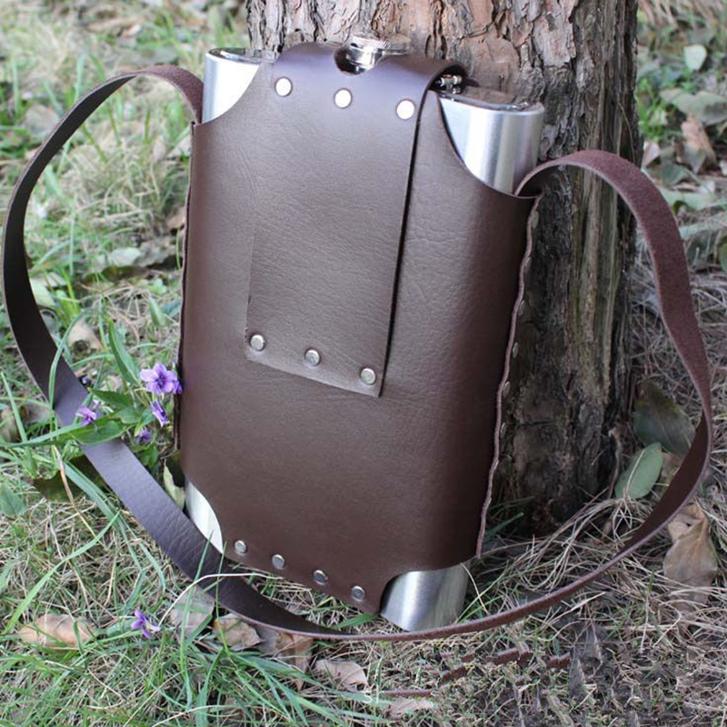 Tegooe 64oz Half Gallon Portable Stainless Steel Hip Flask with Leather Carry Strap and Funnel Ideal for Camping Travel