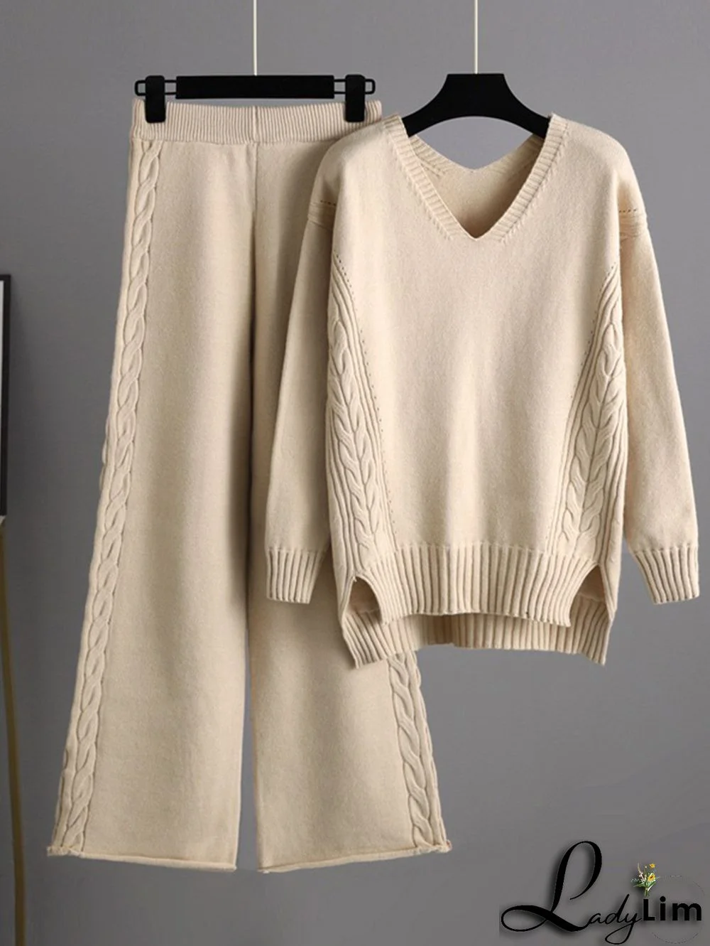 Casual Textured V Neck Rib Knit Blouse & Pants 2Pcs Set
