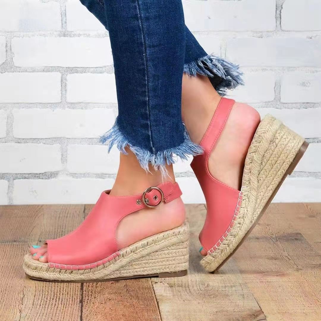 Women peep toe buckle strap espadrille wedge sandals