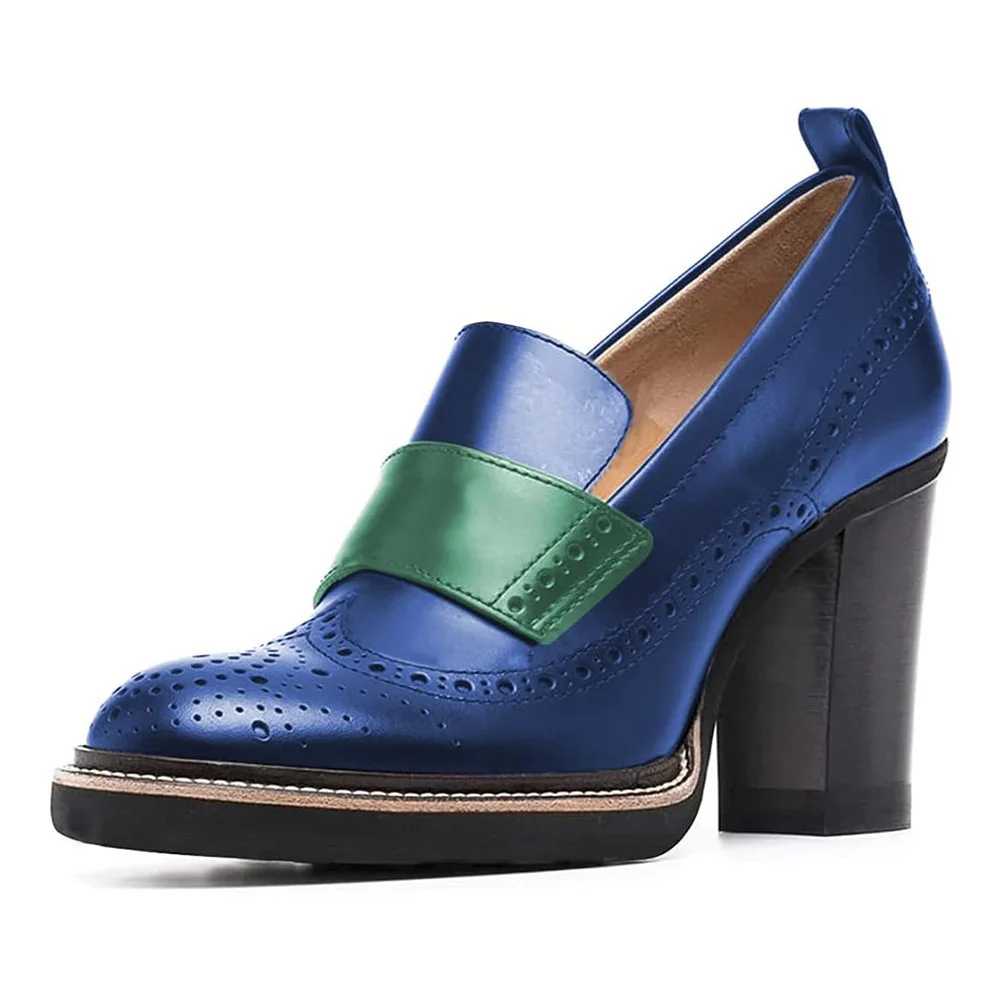 Blue Round Toe Perforated Pattern Chunky Heel Women's Loafers